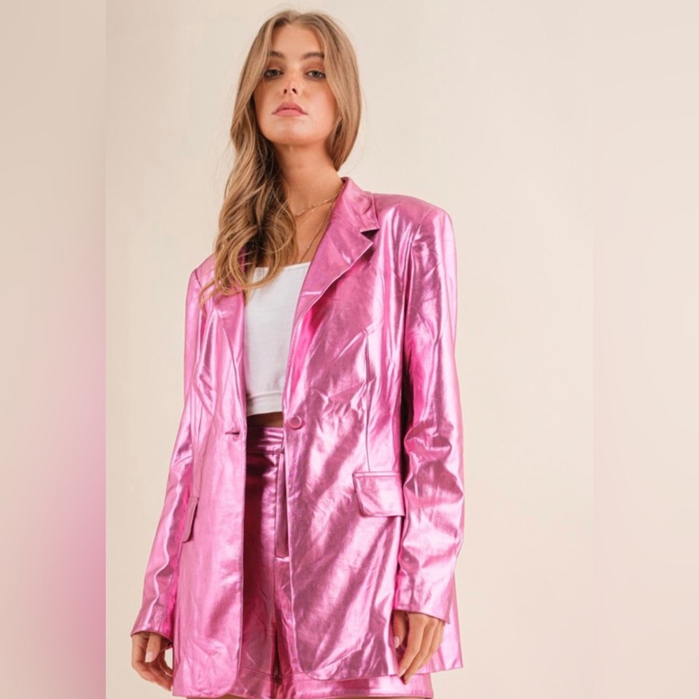 Blue B. Collection Hot Pink Metallic Faux Leather Blazer & Shorts Set